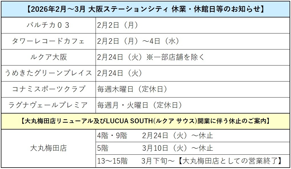 2026年2月～3月 大阪ステーションシティ 休業・休館日のお知らせ