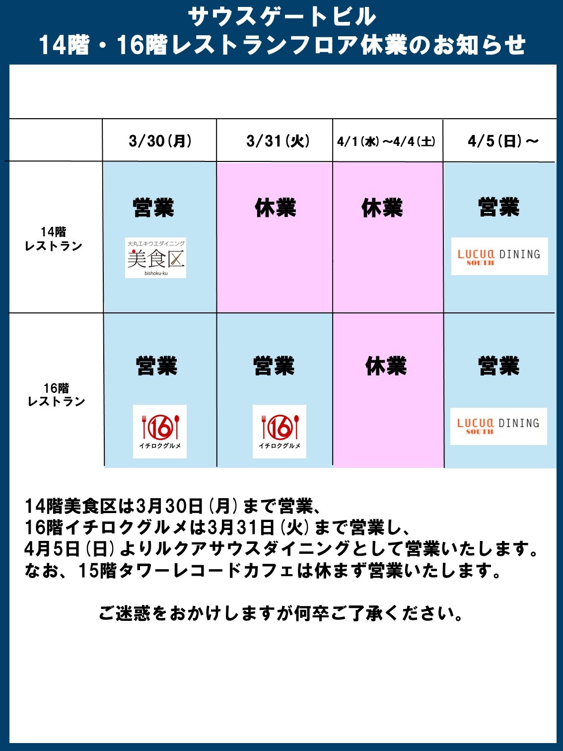 サウスゲートビル 14階・16階レストランフロア休業のお知らせ