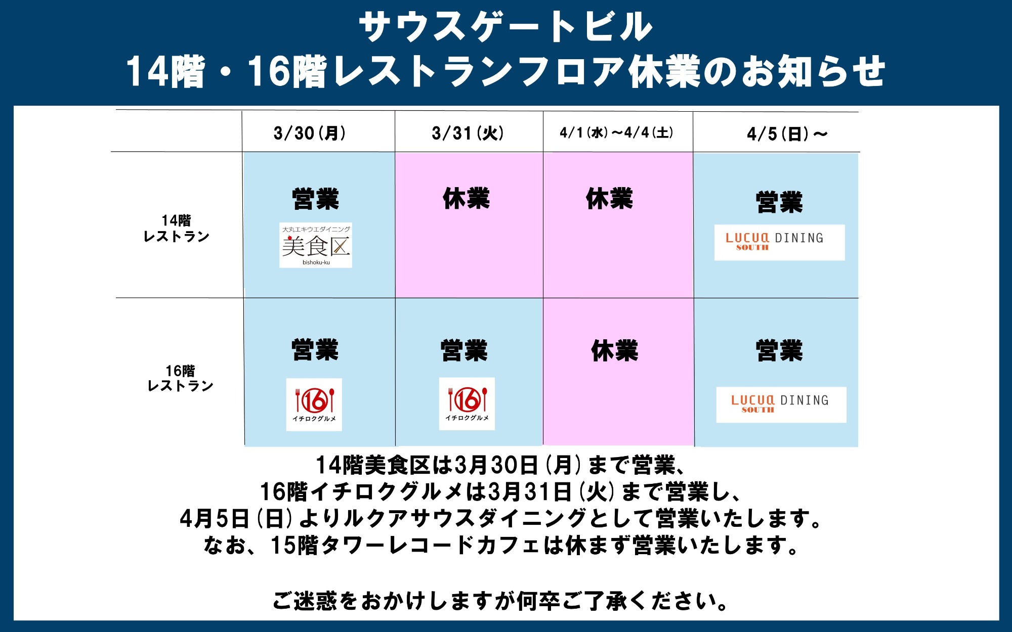 サウスゲートビル 14階・16階レストランフロア休業のお知らせ