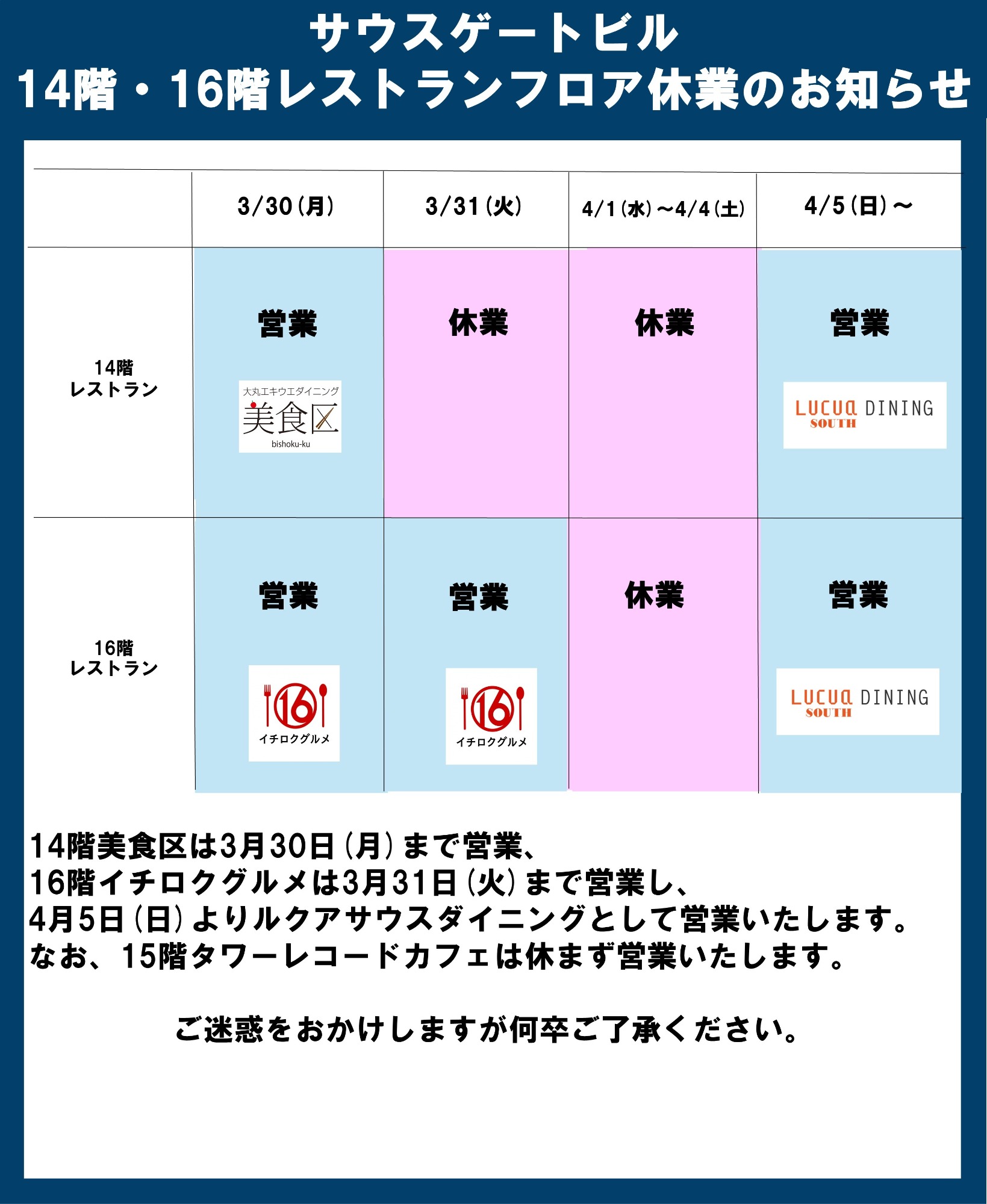 サウスゲートビル 14階・16階レストランフロア休業のお知らせ
